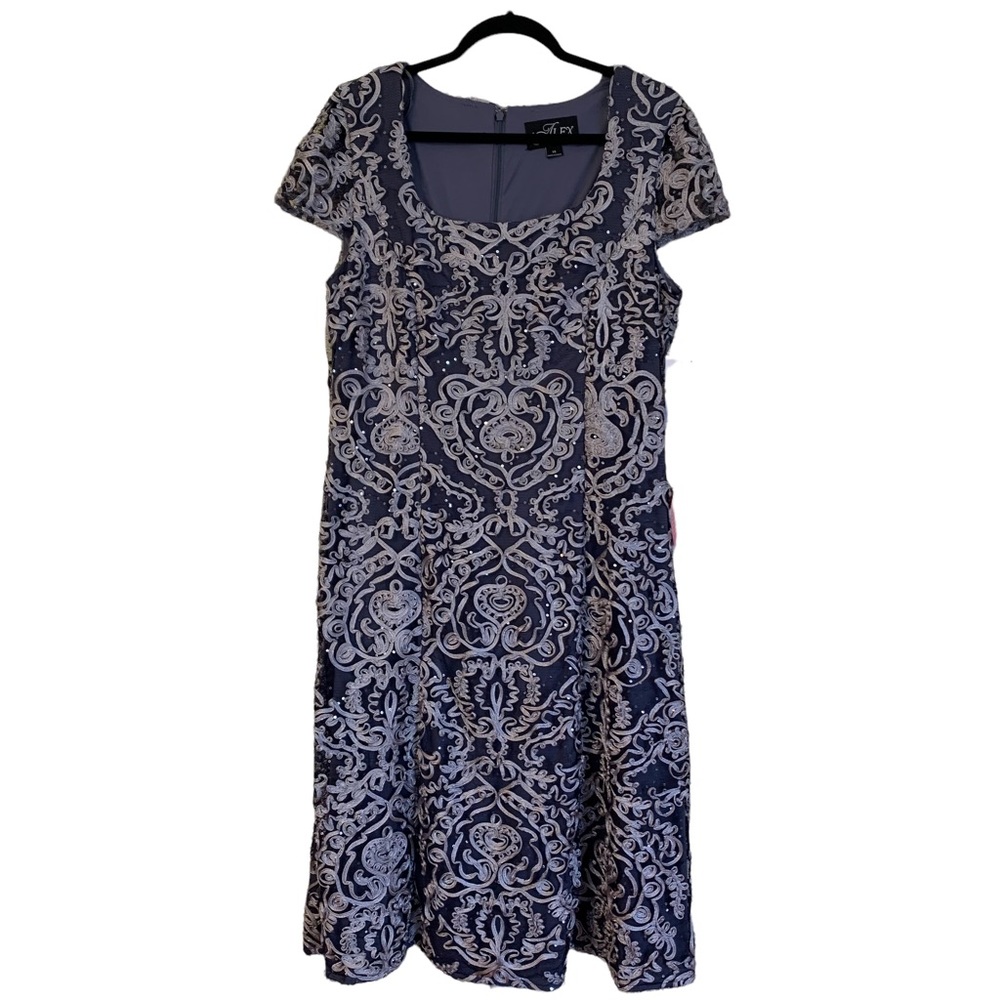 Alex Evenings Size 14 Navy/Silver w/ Sequins Cap Sleeve Dress